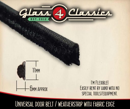 Door Belt - Weatherstrip | Black Fabric Edge | Universal | Glass 4 Classics